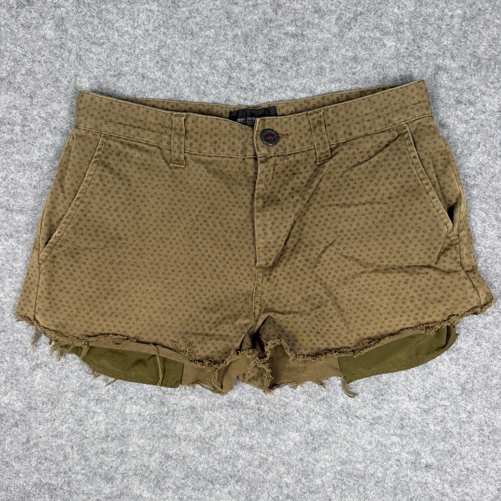 Obey Propaganda Leopard Polka Dot Raw Hem Cutoff Denim Shorts Brown Size 28